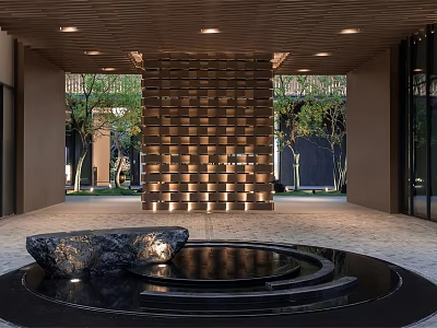 Modern Sales Office Entrance With Circular Water Feature Stone Ornament And Illuminated Wall 3d model