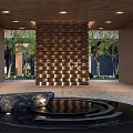 Modern Sales Office Entrance With Circular Water Feature Stone Ornament And Illuminated Wall
