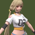 Anime Female Character With Blonde Twin Tails White T Shirt 02 Ripped Blue Denim Shorts