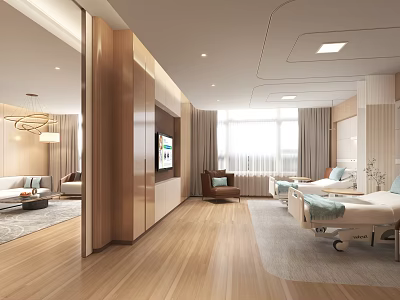 Modern Hospital Outpatient Clinic Interior With Wooden Walls Sofa Medical Beds TV And Curtains 3d model