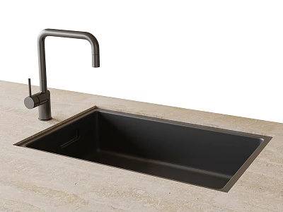 Black Kitchen Sink Installed in Light Colored Stone Countertop with Silver Faucet 3d model