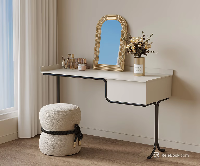 Modern Dressing Table With White Countertop Black Frame Oval Wooden Mirror Cosmetics Vase And Stool 3d model 