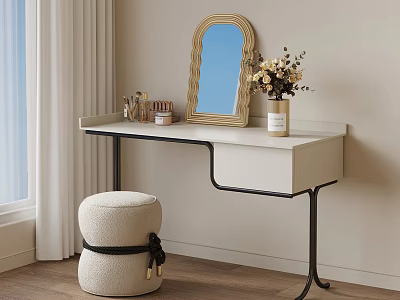 Modern Dressing Table With White Countertop Black Frame Oval Wooden Mirror Cosmetics Vase And Stool 3d model
