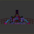 Rotating Amusement Ride Structure With Red Stairs Railings And Colorful Lighting