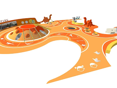 Kids Play Area With Orange Floor Circular Climbing Dinosaur Decorations Track And Cartoon Patterns 3d model