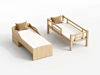 Wooden Kids Beds with Safety Rails and Brown Pillows Modern Design 3d model