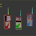 Three Electronic Devices With Antennas Display Screens And Different Images On White Base