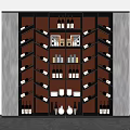 Elegant Modern Wine Cabinet With Layered Shelves Illuminated Wine Bottles And Hanging Wine Glasses