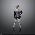 3D Female Character Model With Silver Hair Gray Vest Leather Jacket Shorts And Blue Boots