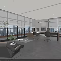 Modern Bright Executive Office With Floor To Ceiling Windows And Comfortable Lounge Overlooking City Skyline