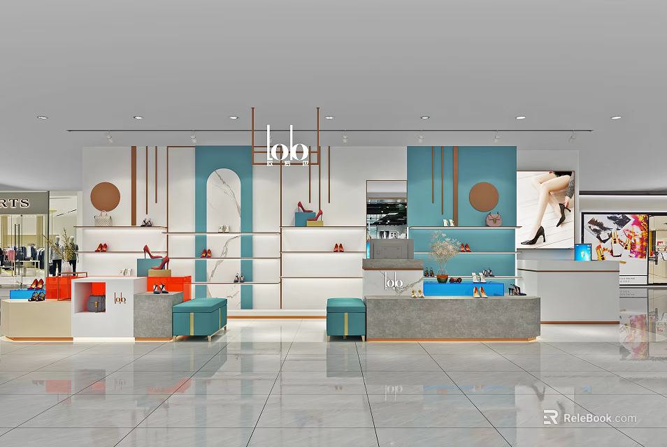 Modern Shoe Store Interior With Display Shelves Blue White Walls Circular Decor And Counter 3d model 