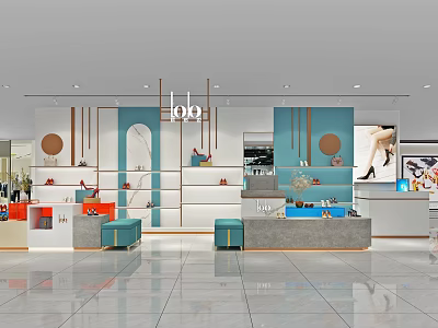 Modern Shoe Store Interior With Display Shelves Blue White Walls Circular Decor And Counter 3d model