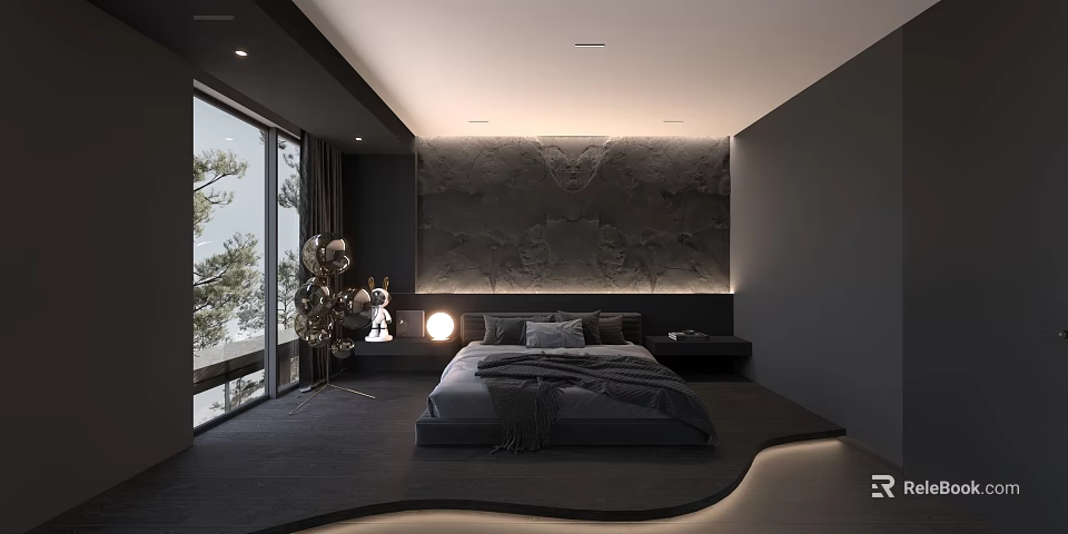 Dark Modern Bedroom Interior With Large Bed Textured Wall Large Windows And Soft Lighting 3d model 