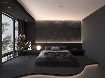 Dark Modern Bedroom Interior With Large Bed Textured Wall Large Windows And Soft Lighting 3d model