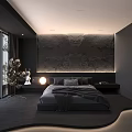 Dark Modern Bedroom Interior With Large Bed Textured Wall Large Windows And Soft Lighting 3d model