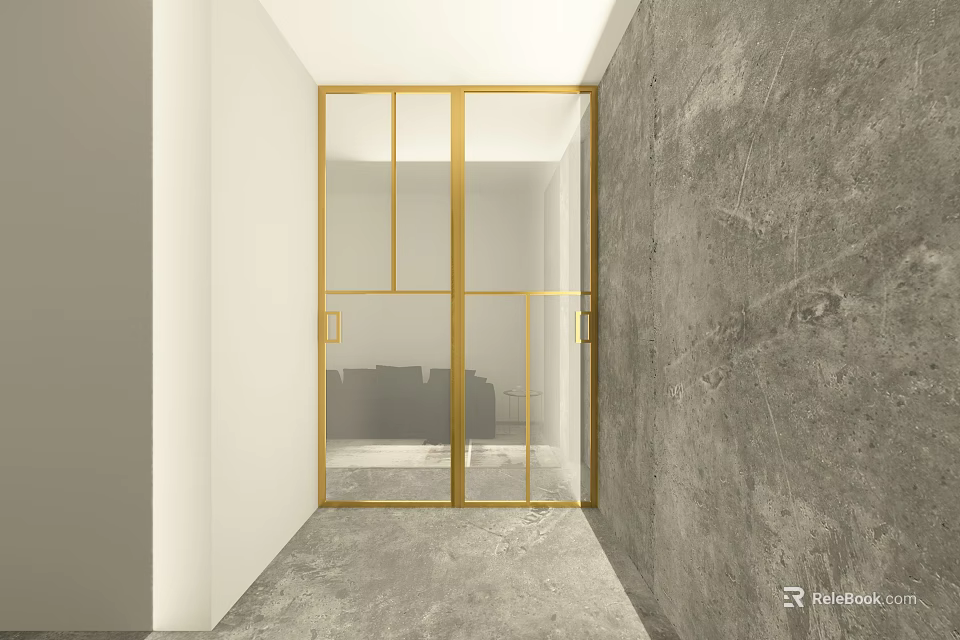 Gold Frame Glass Sliding Door In Modern Interior With Concrete Wall 3d model 