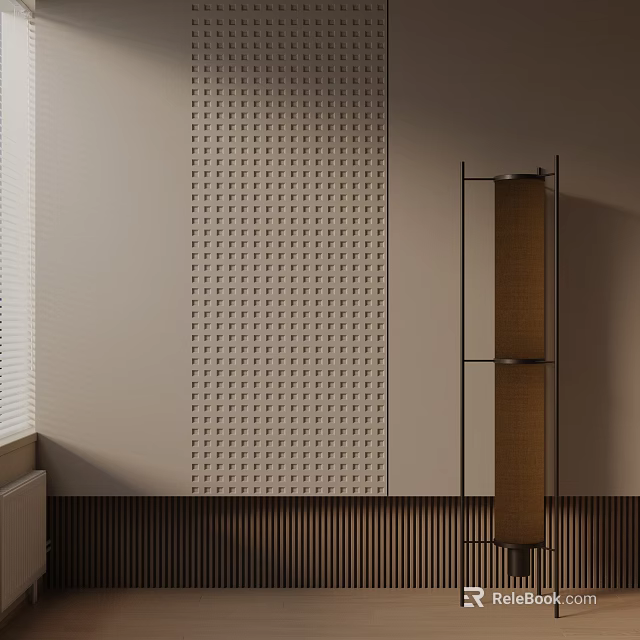 Sleek Modern Floor Lamp With Perforated Wall Panel And Wooden Striped Design Interior 3d model 