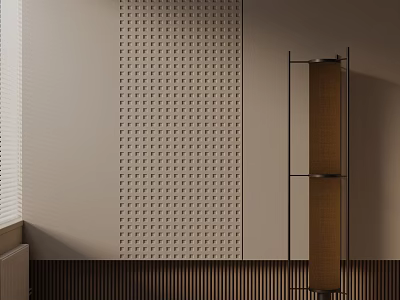 Sleek Modern Floor Lamp With Perforated Wall Panel And Wooden Striped Design Interior 3d model
