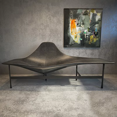 Unique Shaped Leather Sofa in Modern Interior with Gray Wall and Abstract Painting 3d model