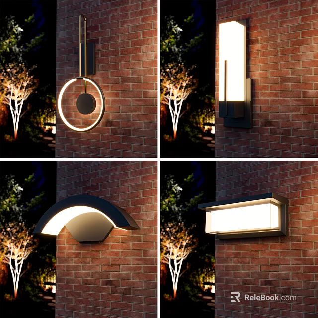 Various Designs Outdoor Wall Lamps Mounted On Brick Wall For Night Scene 3d model 