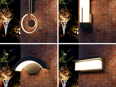 Various Designs Outdoor Wall Lamps Mounted On Brick Wall For Night Scene 3d model