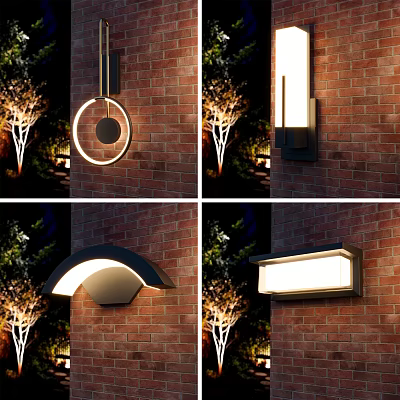 Various Designs Outdoor Wall Lamps Mounted On Brick Wall For Night Scene 3d model