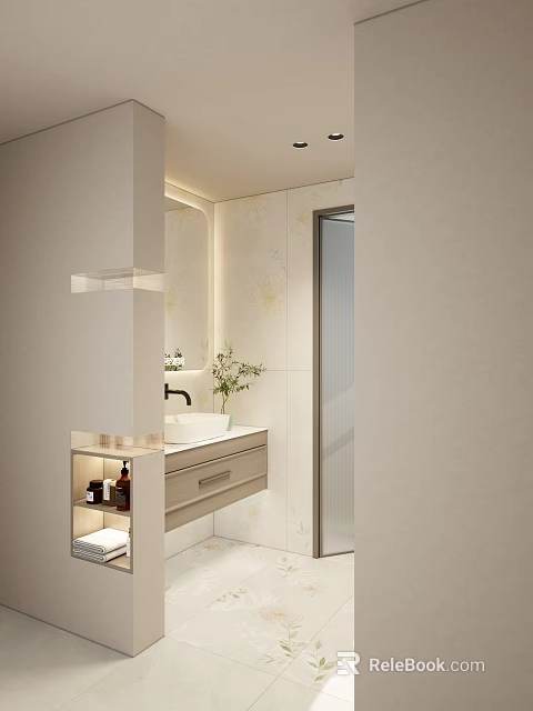 Modern Bathroom Interior With Vanity Mirror Plant And Tiled Shower Wall 3d model 