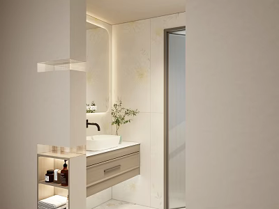 Modern Bathroom Interior With Vanity Mirror Plant And Tiled Shower Wall 3d model
