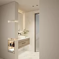 Modern Bathroom Interior With Vanity Mirror Plant And Tiled Shower Wall