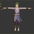 Anime Game Character With Blue Hair In Blue Kimono Purple Sash Holding Sword Arms Outstretched