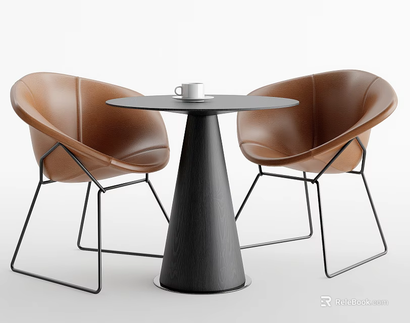 Modern Table And Chair Set With Brown Leather Chairs Black Round Table And Metal Frame Design 3d model 