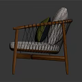 Modern Comfortable Armchair with Wooden Armrests Woven Design Light Gray Cushion and Green Pillow