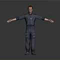 3D Character Model With Red Hair Blue Jumpsuit Arms Outstretched Gray Background