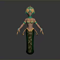 Mythical Game Character With Green Gold Headdress Arm Bands And Serpentine Tail Design