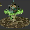 Cartoon Scene of Wooden Treehouse with Platform Sloped Roof and Tree Trunk