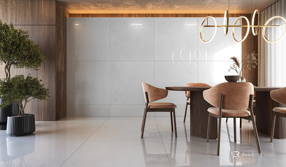 Elegant Luxury Restaurant Interior With Round Dining Table And Gold Pendant Lights 3d model 