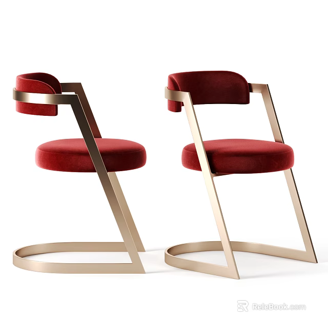 Modern Accent Chair With Red Velvet Upholstery And Golden Geometric Frame 3d model 