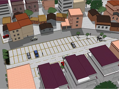 Residential Area Scene With Buildings Parking Lot Cars Roads And Trees 3d model