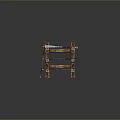 Weapons Displayed on Wooden Rack with Swords and Orange Lava Like Ground