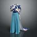 Man Wearing Traditional Blue And White Patterned Top With Light Blue Long Skirt Train