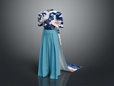Man Wearing Traditional Blue And White Patterned Top With Light Blue Long Skirt Train 3d model