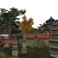 Ancient Chinese Architecture With Red Walls Curved Eaves And Yellow Ginkgo Trees