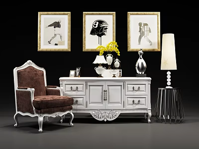 Ornate White TV Stand with Drawers Brown Armchair Table Lamp and Framed Artworks 3d model