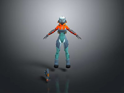 Detailed 3D Game Movie Character in Orange Blue Outfit with Helmet and Equipment 3d model