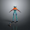 Detailed 3D Game Movie Character in Orange Blue Outfit with Helmet and Equipment