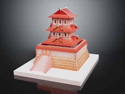 Traditional Multi Tiered Architectural Model With Red Roofs Stone Base And Steps 3d model