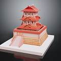 Traditional Multi Tiered Architectural Model With Red Roofs Stone Base And Steps
