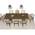 Dining Table Set With Six Chairs Pendant Lights And Table Decor On Rug 3d model