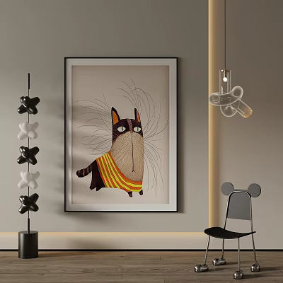 Landscape Painting Featuring Cat In Striped Outfit With Decorative Ornaments Pendant Light And Chair 3d model