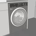 Midea Gray Washing Machine With Transparent Door And Clothes In Modern Laundry Room